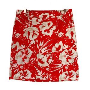 LOFT Red Floral Pencil Skirt Above Knee Boho Buttons Back Slit Beige Size 8